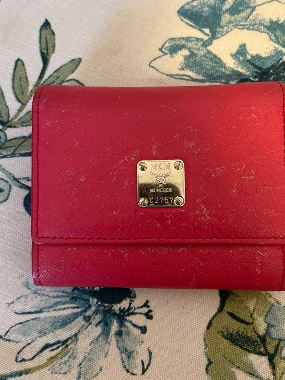 MCM Red Leather Compact Wallet with Gold Plaque